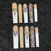 Long French Tip Press-On Nails With Butterfly Design Sparkle Rhinestones Handmade Full Coverage Fake Women Small