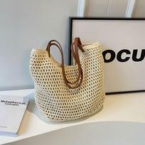 Lazy High Capacity Woven Bag Women's Knitted Hollow Shoulder Tote Bag Leisure Holiday Beach Bag smėlis