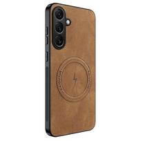 Prabangus odinis magnetinis telefono dėklas Samsung A56, skirtas Samsung Galaxy A56, belaidis įkrovimas, smūgiams atsparus buferio dangtelis, A56 korpusas Galaxy A56 5G ruda