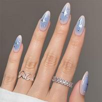 Sweet Blue Ombre Almond Press-On Nails With Star Design - Gel Glue Jelly Adhesive Wearable Nail Tips Adhesive Type