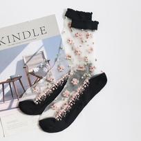 1 Pair Breathable Ultra Thin Socks Summer Women Transparent Lace Silk Crystal Rose Flower Girls Elastic Short Socks Female Sox