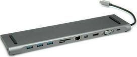Šakotuvas Roline prijungimo stotis ROLINE kelių prievadų prijungimo stotis USB 3.2 Gen 2 Type C, 4K HDMI/Mini DP, VGA, USB, Kaartlezer, PD, LAN, Audio
