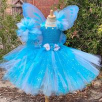Girls Blue White Glitter Tutu Dress Kids Flower Fairy Dress with Butterfly Wing Stick Children Party Costume Princess Dresses M (2-3Y)