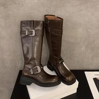 Fashion Vintage Women Knight Long Boots Fashion Elegant Belt Buckle Shoes Square Heel Women's Western Cowgirl Booties 35 ruda