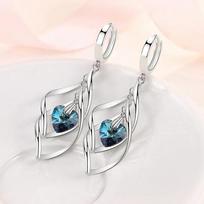 925 Silver Hollow Blue Crystal Long Drop Earrings Women Fashion Wedding Jewelry Gift