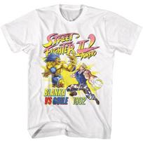 Street Fighter II Turbo Blanka Vs Guile Adult White T Shirt 90s Video Games Vintage Style Graphic Tees XL balta