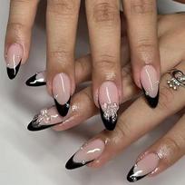 Removable Almond Shape Press-On Nails With Black French Tip Rhinestone Accents Women Gel Adhesive Type