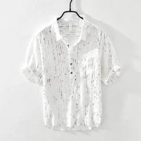 Half Sleeve Pure Linen Men's Shirts Casual Summer Breathable Beach Pullover Men Tops Stripes Printed Shirts with Pocket Literary Style Men Clothing M balta