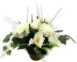 Dirbtinė gvazdikų ir magnolijų žiedų puokštė vazone