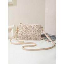 New pu leather versatile hollow messenger woven bag retro casual beach flower shoulder women's bag 22*1*16 gray