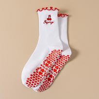 Casual Non-Slip Grip Pilates Socks Cotton High-elastic Mid Tube Socks Ruffled Edge Sweat-absorbent Yoga Socks for Women One Size raudona