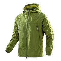 UPF50+Men's Hooded Windbreaker Jacket - Ultra Light Summer Zipper Pocket Elastic Cuffs Suitable for Outdoor Hiking and Running S šviesiai žalios spalvos