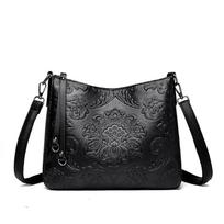 Chinese style women's shoulder messenger bag middle-aged mother soft leather embossed hand bag retro women's pillow bag juoda