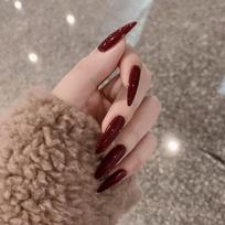 24PCS Fake Nails Glossy Wine Red Almond Fake Nails No Stimulation Press-on Artificial Nails Wearable Full Cover Nails Tips