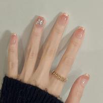 24Pcs Long Square French Press On Nails Rhinestones Reusable Fake Nails Wearable Full Cover Nails Tips Acrylic Nail Tips