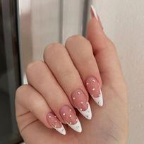 Sweet Style Press-On Nails With White French Tip Rhinestone Accents Almond Shape Adhesive Or Jelly Gel Base Gel Adhesive Type
