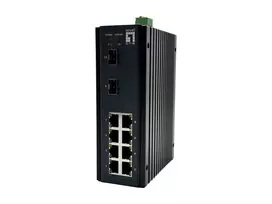 LevelOne IGU-1071 10 prievadų L2 Plus valdomas pramoninis gigabitinis jungiklis, 8x 1GbE RJ45, 2x 1/2.5GbE SFP, DIN bėgelis, -40°C iki 75°C
