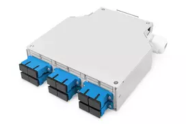 Skaidulinės optikos DIN bėgelio dėžė DIGITUS DN-963890, OS2, SC adapteris su 2 m pigtailu, plieninė, mėlyna/pilka
