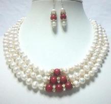 3 Strands freshwater pearl red coral black agate jade necklace earring set