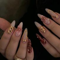 3D Floral Nail Art: Long Almond-Shaped Wearable Nails with Petal Design
