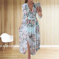 Women's V Neck Printed Mid Waist Pullover Casual Loose And Thin Temperament Dress M