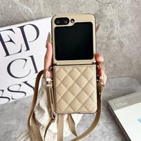 Z Flip7 Fashion 3D Grid Pattern PU Leather Phone Case For Samsung Galaxy Z Flip 7 6 5 4 Flip6 7FE Crossbody Long Lanyard Cover Galaxy Z Flip5