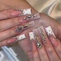 Starry Sky French Tip Press-On Nails Women Long Length Sparkly Rhinestone Gel Jelly Adhesive Options Gel Adhesive Type