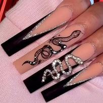 Long Press-On Nails With Matte French Tip Snake Print Black Rhinestones Women Glam Punk Style Gel Adhesive Type