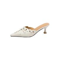Cow Leather Mules Square Toe Thin High Heels Slingback Autumn Summer Shoes Hollow Decorations Women Shallow Pumps 34 dramblio kaulas