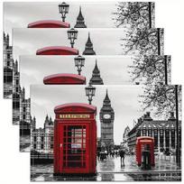 Londono įžymybių padėkliukų rinkinys iš 4 vnt. Raudona telefono būdelė Big Ben spaudinys Stalo padėkliukai Lino dekoras Britiško stiliaus namų stalo indai 4Pcs-30X45cm(12X18in