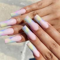 Long Press-On Nails With Gradient Color Block French Design Rainbow Effect Digitally Printed Acrylic Tips Gel Adhesive Type
