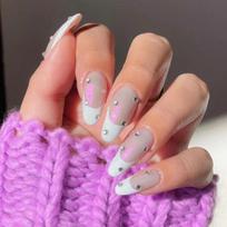 Sparkling White French Almond Press-On Nails With Rhinestone Drips Ins Style Gel Adhesive Gel Adhesive Type