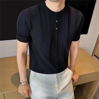 Summer Men's Henry Neck Linen Knitted T-Shirt Fashion Solid Striped Slim Fit Short Sleeve Tshirt Men Breathable Knit Tees Tops XL juoda