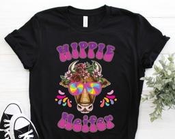 Hippie Heifer Cow Peace Shirt, Vintage Retro Costume Hippy Soul Gift, Music Festival, Rainbow, Tie Dye, Tank Crop Top, Birthday Present, 100