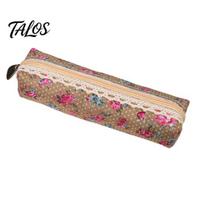 Talos Floral Canvas Pencil Case, Vintage Polka Dot Pen Pouch, Large Capacity Stationery Bag for Students, Office School Supplies chaki