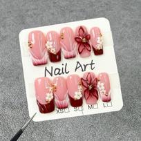 Sweet Floral French Press-On Nails With 3D Embossed Design Icy Transparent Gel Effect Handmade Acrylic Tips In S M L Sizes Small