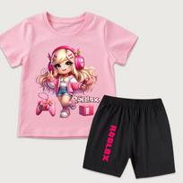 Fashion Cartoon Roblox Women's Cute Printed Women's T Shirt and Shorts 2 Piece Set Summer Casual Outfit for Women's and Men's Clothing XXS