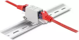 Coupler DELOCK RJ45 Cat.6A moteriškas į moterišką su dulkių dangteliu, ekranuotas, tvirtinimui ant DIN bėgelio, pilka/balta