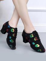 Colorful Oxford Cloth Dance Shoes Colorful Lip Print Women's High Heel Latin Dance Shoes Belly Dance Training Shoes 35 juoda