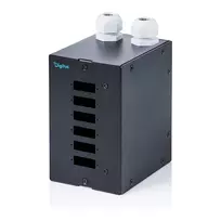 Skaidulinės optikos DIN bėgelio skirstytuvas DIGITUS DN-96990 — 6 prievadų SC DX/LC Quad, aliumininis korpusas, juodas, 112×87×136 mm