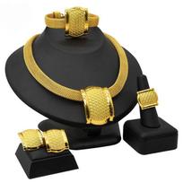 24K Dubajaus Aukso Papuošalai Nuotakos Karoliai Apyrankė Auskarai Žiedas Keturios Dalys Afrikos Moterų Papuošalų Rinkinys 45cm