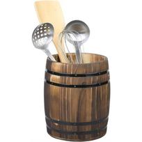 ABUL-Vintage Rustic Wine Barrel Design Crock, For Kitchen Utensil Cooking Tool Holder In Burnt Wood, For Kitchen And Cutlery Sto