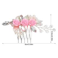 Bridal Crystal Hair Combs Silver Color Alloy Leaf Pink Flower Design Sparkling Rhinestone Hairpins Bride Wedding Hair Jewelry