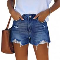 Women High Waist Denim Shorts Classic Fit Distressed Hem Casual Five Pocket Design Button Closure Summer Style S