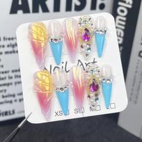 Handmade Press-On Nails Long Style Sweet French Tip Glitter Ice-Transparent Nail Art Women Extra Small