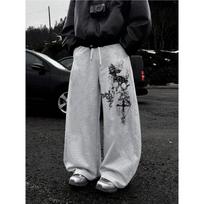 Gothic Dark Skeleton Cross Printed Wide Leg Athletic Pants Street Men's Fashion Neutral Casual Straight Leg Pants S pilka