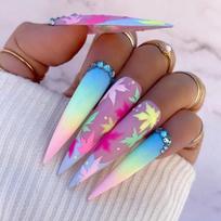 Long Press-On Nails With Matte Leaf Design Multicolor Gradient Crushed Rhinestone Sweet INS Style Gel Adhesive Type
