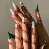 Reusable Press-On Nails With Green Line Design Almond Shape Minimalist Style Gel Glue Or Jelly Adhesive Gel Adhesive Type
