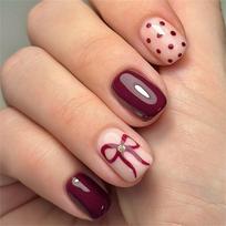24Pcs French Wine Red False Nails Polka Dot Bows Press on Nails Elegant Glossy Artificial Nails Nail Tips Wearable Fake Nails