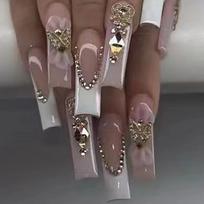 24pcs Reusable Press-On Nails Long French Style With Butterfly Rhinestone Design Women Gel Nail Tips